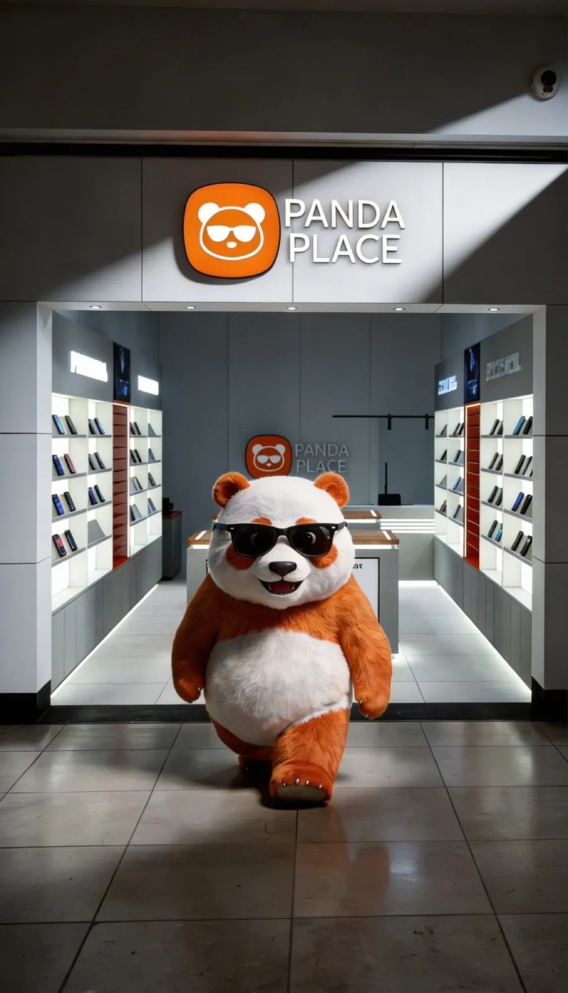 Mascote da Panda Place, em fantasia, caminhando em frente a uma loja da marca em shopping