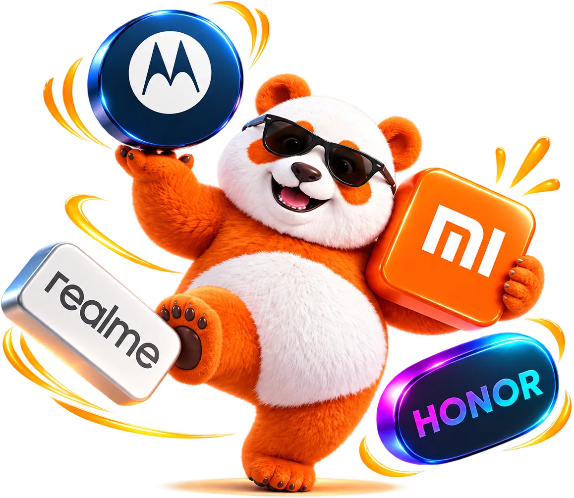 Mascote da Panda Place brincando com os logotipos de Motorola, Xiaomi, realme e HONOR